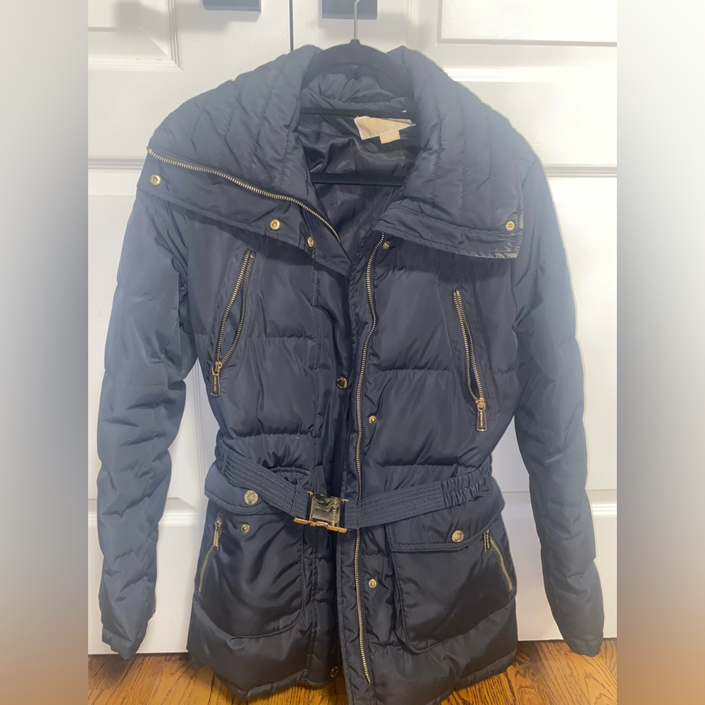 Michael Kors Long Puffer Coat Navy with Gold accents Size Small